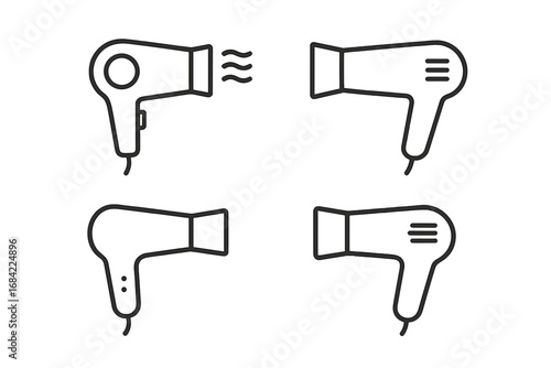 Hair dryer line icon pack. Hairdryer, blow dryer pictogram set for beauty salon. Hair care, styling, and grooming appliance symbol for web design, apps, and print. Vector.