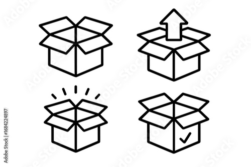 Open box icon set for delivery and shipping concepts. Vector line art of package, unboxing, surprise gift, and confirmed order symbols for e-commerce, web, and apps.