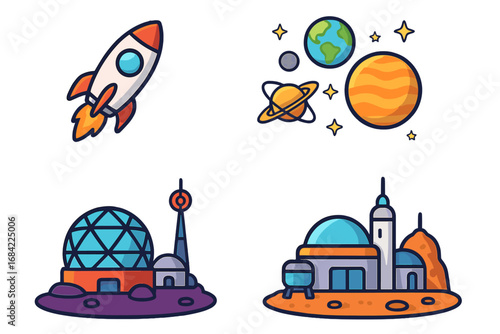 Space exploration icon set with cartoon rocket, planets, and futuristic colony. Sci-fi galaxy adventure, cosmos travel, alien planet settlement vector illustrations. Flat design clip art.