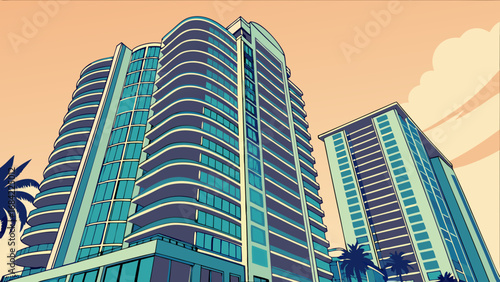 High-rise Buildings Modern Architecture Cityscape Urban Illustration Teal and Beige Color Scheme.
