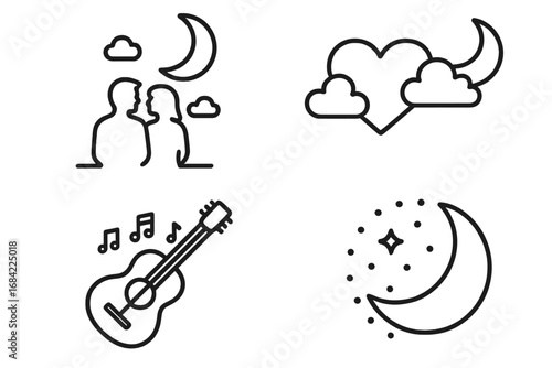 Moonlit Romance Vector Icons Set, Romantic Evening Couple Silhouette Under Crescent Moon, Heart Cloud Love, Guitar Serenade Music Symbols, Transparent Outline Illustration