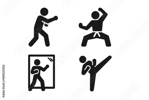 Martial arts training icon set. Vector pictograms of solo practice, shadowboxing, karate kata stance, mirror training, and high kick. Combat sport & self-defense concept.