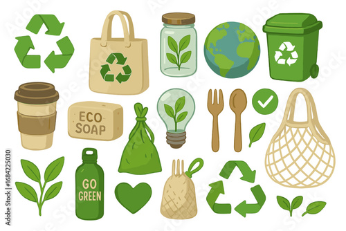 Set of eco friendly items and zero waste lifestyle symbols. Go green concept for sustainability and recycling. Ecology and environment conservation vector cartoon icons collection.