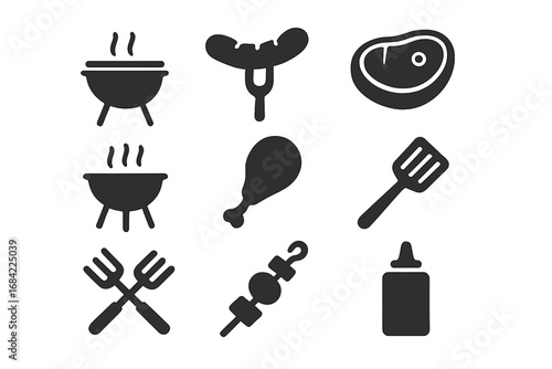 Barbecue grill solid icon set. BBQ cooking concept glyphs. Vector collection of food and equipment symbols for summer picnic party. Steak, sausage, chicken, kebab pictograms.