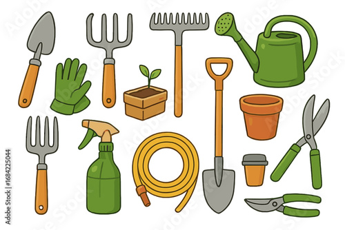 Garden tools vector illustration set. Gardening equipment collection for farming and planting. Shovel, rake, watering can, hose, and gloves icons. Spring work and hobby concept.
