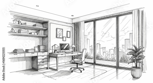Contemporary office design illustration with cityscape view and plant