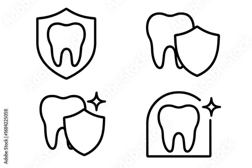 Tooth protection icon set. Dental care and hygiene concept. Tooth with shield symbol for security and safety. Enamel guard. Stomatology, dentistry line art vector collection.