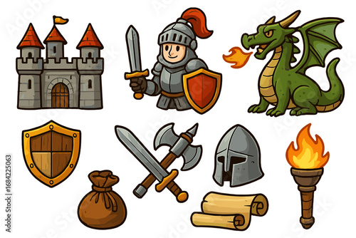 Fantasy medieval icon set. Cartoon vector knight, dragon, castle, shield, sword, and axe. Cute game assets for RPG or fairy tale. Adventure and battle elements.