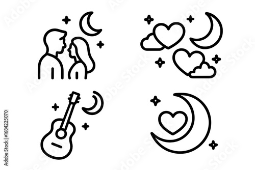 Moonlit Romance Icons Vector Set, Outline Style, Silhouettes of Romantic Couple Under Moonlight, Heart-Shaped Clouds, Serenade Guitar, Night Love Symbols, Vector Illustration