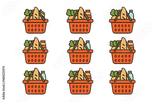 Simple Linear Filled Color Icon of Shopping Basket with Groceries, Minimalistic Flat Design for Web, Apps, Banners, Social Media, Cards, Vector Cartoon Illustration