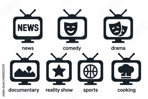 TV genre icon set. Solid vector glyph pictograms for television entertainment. Broadcast symbols for news, comedy, drama, documentary, reality show, sports, cooking channel.