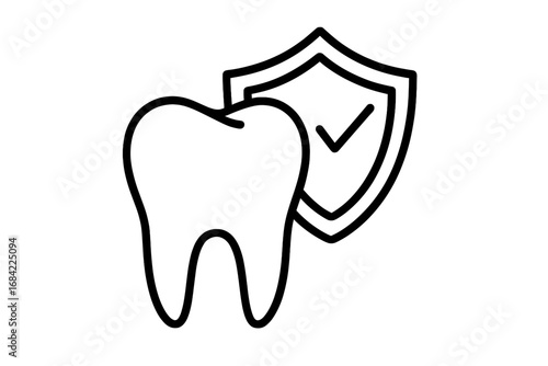 Dental protection logo. Tooth with shield and checkmark. Approved dental care. Stomatology icon. Oral hygiene and health insurance concept. Vector outline illustration.