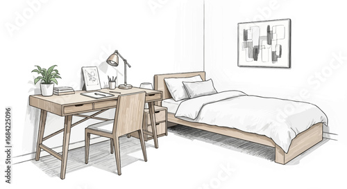 Cozy bedroom scene featuring a modern wooden bed and a well lit study area