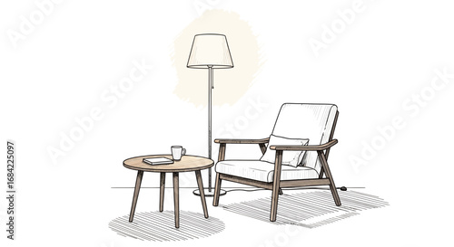 Cozy corner featuring an armchair, side table and lamp in line art style