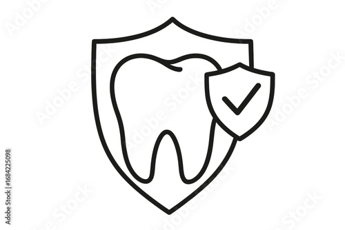 Tooth protection line icon. Dental care and insurance concept. Healthy tooth under a shield with checkmark. Vector illustration for dentistry, stomatology, clinic logo.
