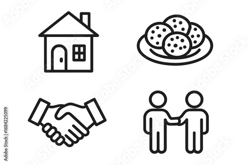 Neighborly Sharing Icons Outline Set of 4 – Homemade Dish Plate of Cookies, House Facade, Friendly Handshake, Neighbor Connection Vector Illustration