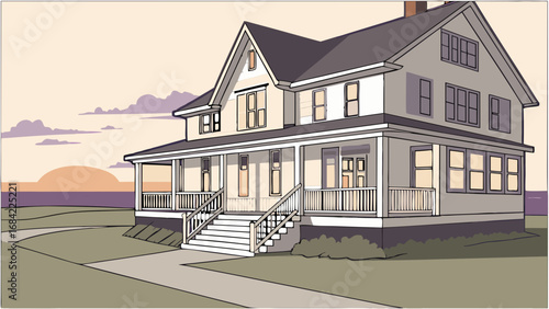 House at sunset family home suburban dwelling residential building illustration vector art home exterior front porch stairs lawn pathway sunset view evening scene peaceful scene calm scene tranquil s.
