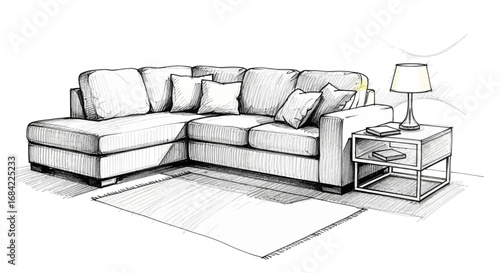 Cozy living room illustration featuring a comfortable sectional sofa and rug