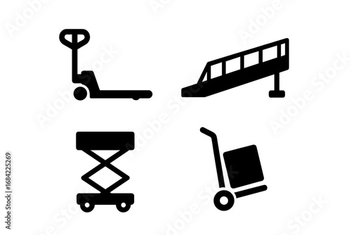 Material handling equipment icon set. Solid glyph vector illustration of a pallet jack, scissor lift, loading ramp, and dolly for warehouse, logistics, and shipping concepts.
