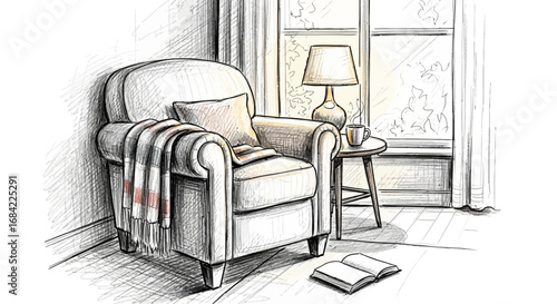 Cozy interior sketch featuring an armchair, lamp and book near the window
