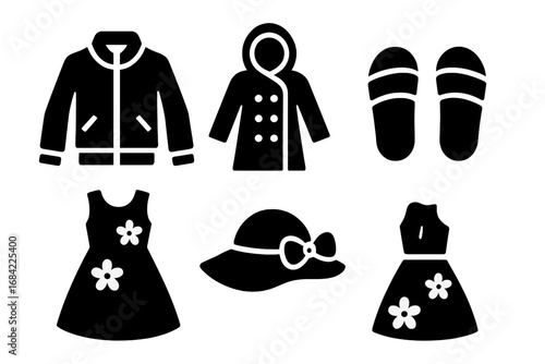 Spring fashion glyph icon set. Summer clothing vector collection. Solid silhouette icons of jacket, raincoat, floral dress, sandals, and sun hat. Seasonal weather apparel.
