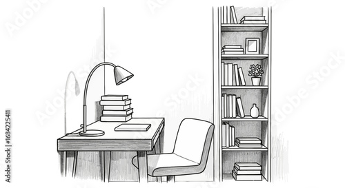 Cozy study corner with desk, chair, lamp and bookcase line art drawing