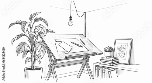 Creative workspace illustration featuring drafting table and home décor