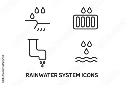 Rainwater System Icons Set, Outline Vector Symbols of Rainwater Runoff Solutions, Curb Gutter, Storm Drain Grate, Downspout Pipe, Rainwater Collection Elements, Transparent Background