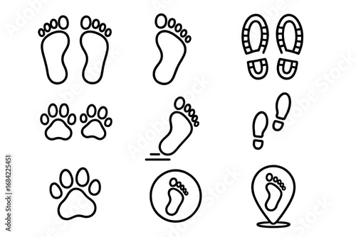 Set of Black and White Footprints and Paw Prints Icons with Human and Animal Tracks, Steps, Walking and Running Marks, Footsteps for Apps, Web, Design, Adventure, Travel Vector Illustration