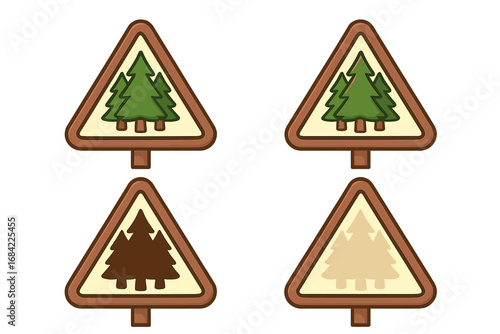 Thin icon set of cartoon forest trees, eco nature symbols, green pine tree illustration for graphics, apps, and environmental concepts with transparent background, orderly design