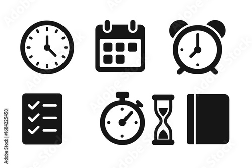 Time management solid glyph icon set. Vector icons for productivity, planning, and scheduling. Includes clock, calendar, alarm, checklist, stopwatch, hourglass, and planner symbols.