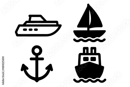 Nautical solid icon set with boat, ship, and marine symbols. Vector collection of black glyphs including sailboat, yacht, cruise liner, and anchor for sea travel and transport.