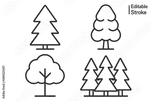 Editable stroke vector set of cartoon trees, forest icons for graphic design, books, advertisements, apps, nature illustrations with transparent background, simple ordered tree collection