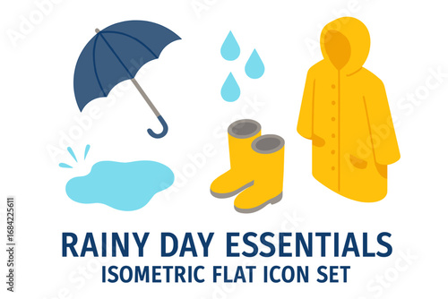 Isometric Rainy Day Essentials Icon Set with Umbrella, Yellow Raincoat, Rubber Boots, Raindrops, and Puddle Splash – Flat Vector Illustration for Weather and Outdoor Gear Concepts