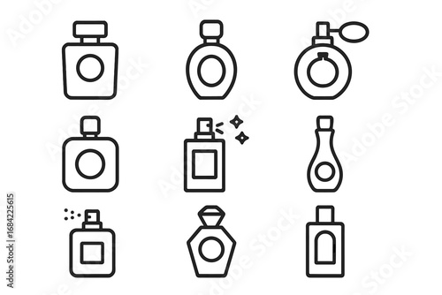 Minimalistic Perfume Line Icon Collection, Elegant Linear Pictograms for Web Design, Apps, Banners, Social Media, Cards, Vector Cartoon Illustration Set of Fragrance Bottles