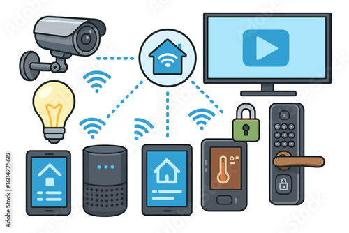 Smart home devices showcasing connectivity, automation, and enhanced convenience in modern living spaces, vector cartoon illustration with transparent background