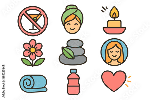 Wellness and Self-Care Icons in Minimalistic Vector Cartoon Illustrations with Vibrant Color Palette, Relaxation, Spa, Meditation Symbols, Healthy Lifestyle Elements