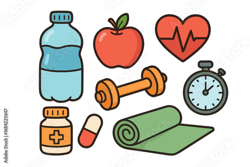 Health and wellness icon set. Healthy lifestyle, fitness, sport, diet concept. Vector flat lay illustration with water, apple, heart rate, dumbbell, stopwatch, pills, yoga mat.
