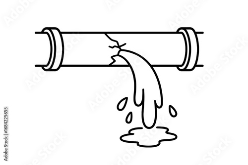 Broken pipe water leak vector icon. Plumbing problem concept illustration. Damaged pipeline with water flowing out. Line art for emergency repair service, insurance, or damage.