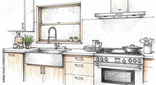 Detailed sketch of a modern kitchen interior with natural light sources