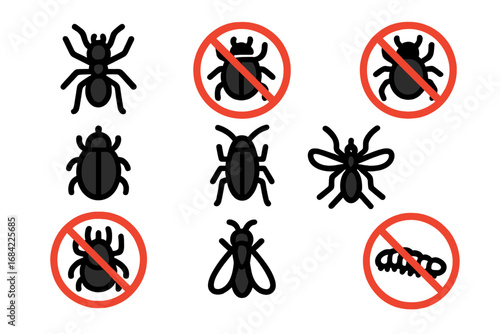 Pest control icon set with bug alert and insect prevention symbols. Vector cartoon illustration of ant, spider, beetle, fly, mosquito. No pests sign for extermination.