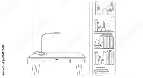 Drawn study room interior with desk, lamp and bookshelf with decorative items