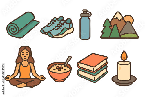 Wellness essentials for a balanced lifestyle at home or in nature, including yoga mat, sneakers, water bottle, meditation, healthy food, books, and candle, vector cartoon illustration