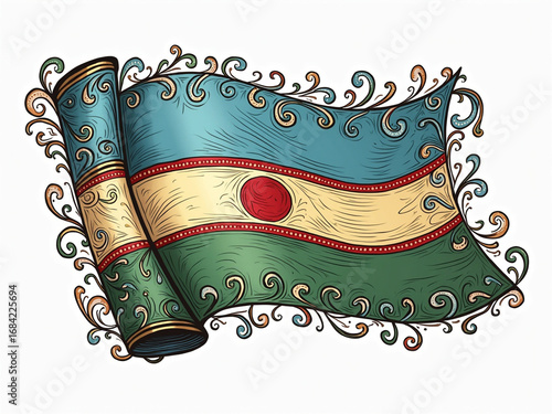 Ornate Decorative Waving Artistic National Symbol Banner With Swirl Elements