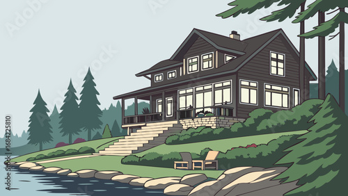 Lake House Illustration Cozy Waterfront Home with Green Landscaping and Forest Setting.