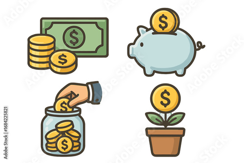 Set of financial literacy icons for money management and investment growth. Vector illustrations of savings, piggy bank, cash, and profit concepts for business and finance.