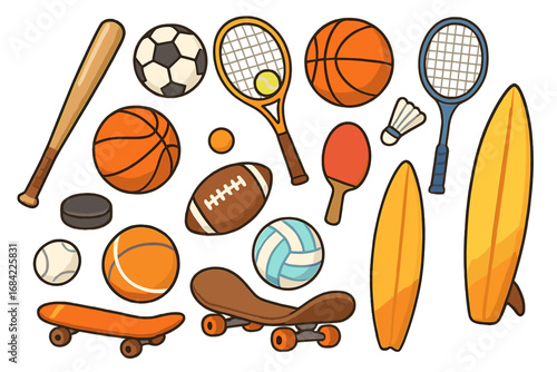 Big set sports equipment vector icons. Cartoon collection for recreation, competition. Ball for soccer, basketball, football. Racket for tennis, badminton. Surfboard, skateboard.