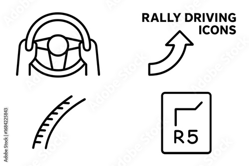 Rally Driving Icons Vector Set, Outline Rally Racing Symbols with POV Steering Wheel, Drift Angle Arrow, Tire Skid Marks, Co-driver Pace Notes, Motorsport Design Elements on Transparent Background