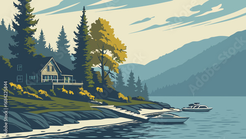 Lakeside Cabin Boats Mountains Nature Illustration Travel Poster Vacation Home Forest Serenity Water Scene.
