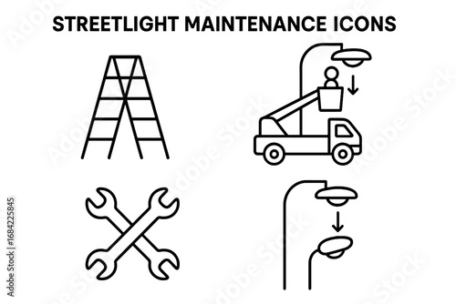Streetlight Maintenance Icons Set, Outline Vector Graphics of Ladder, Bucket Truck, Wrenches, and Lamp Replacement Tools, Urban Infrastructure and Repair Symbols